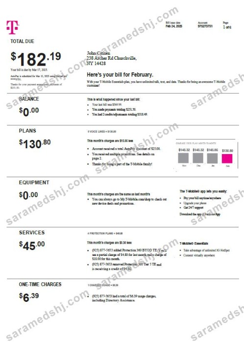 USA T-mobile utility bill template in Word and PDF formats, version 4